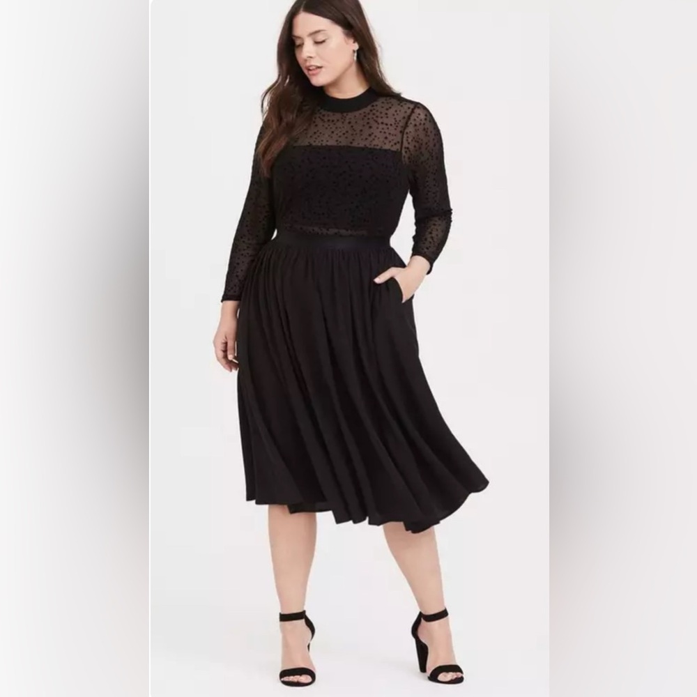 Black Mesh Flocked Star Mock Neck Midi Dress
